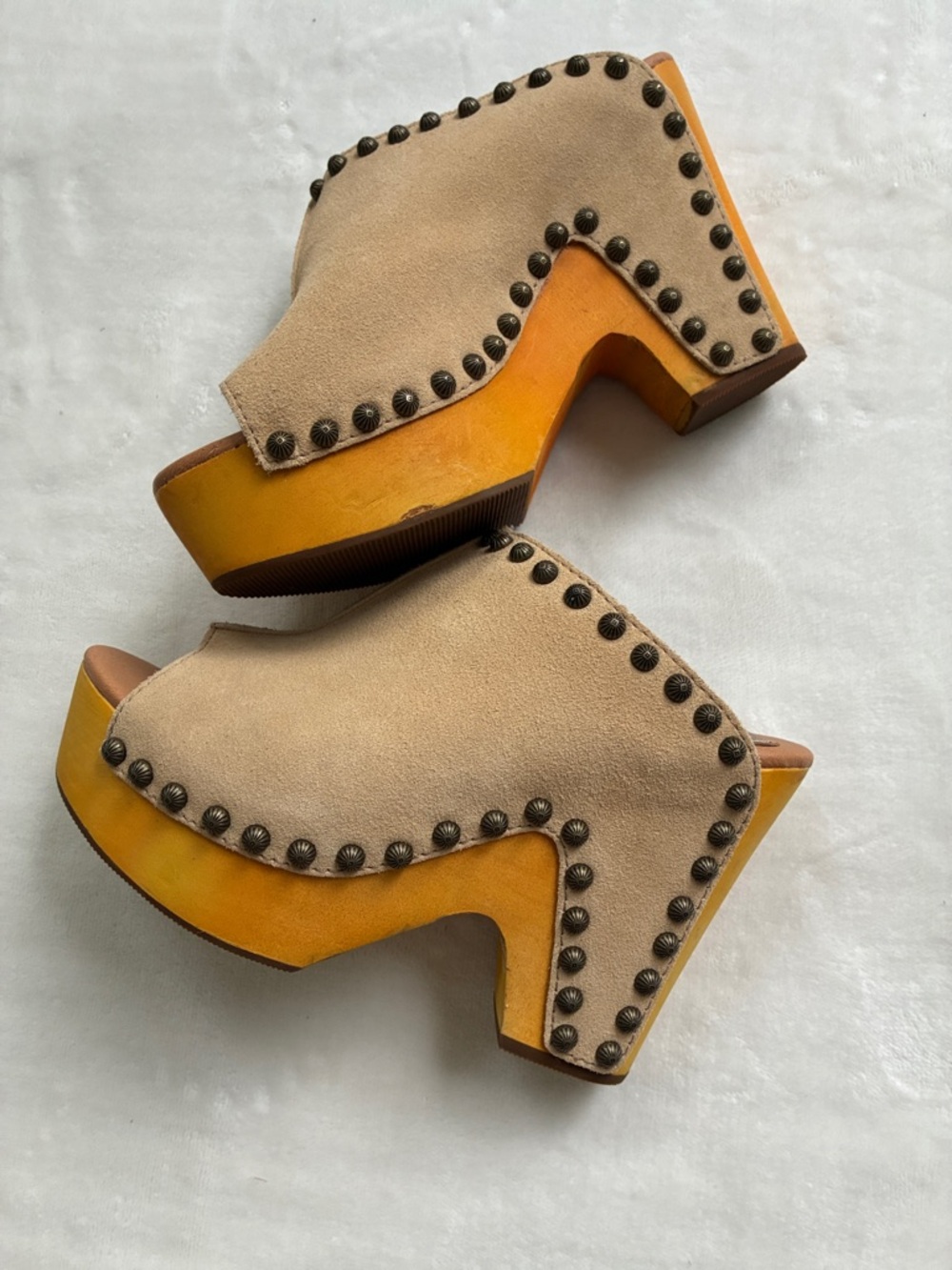 dingo Beige Suede Mules with Yellow Platform Stud Accents